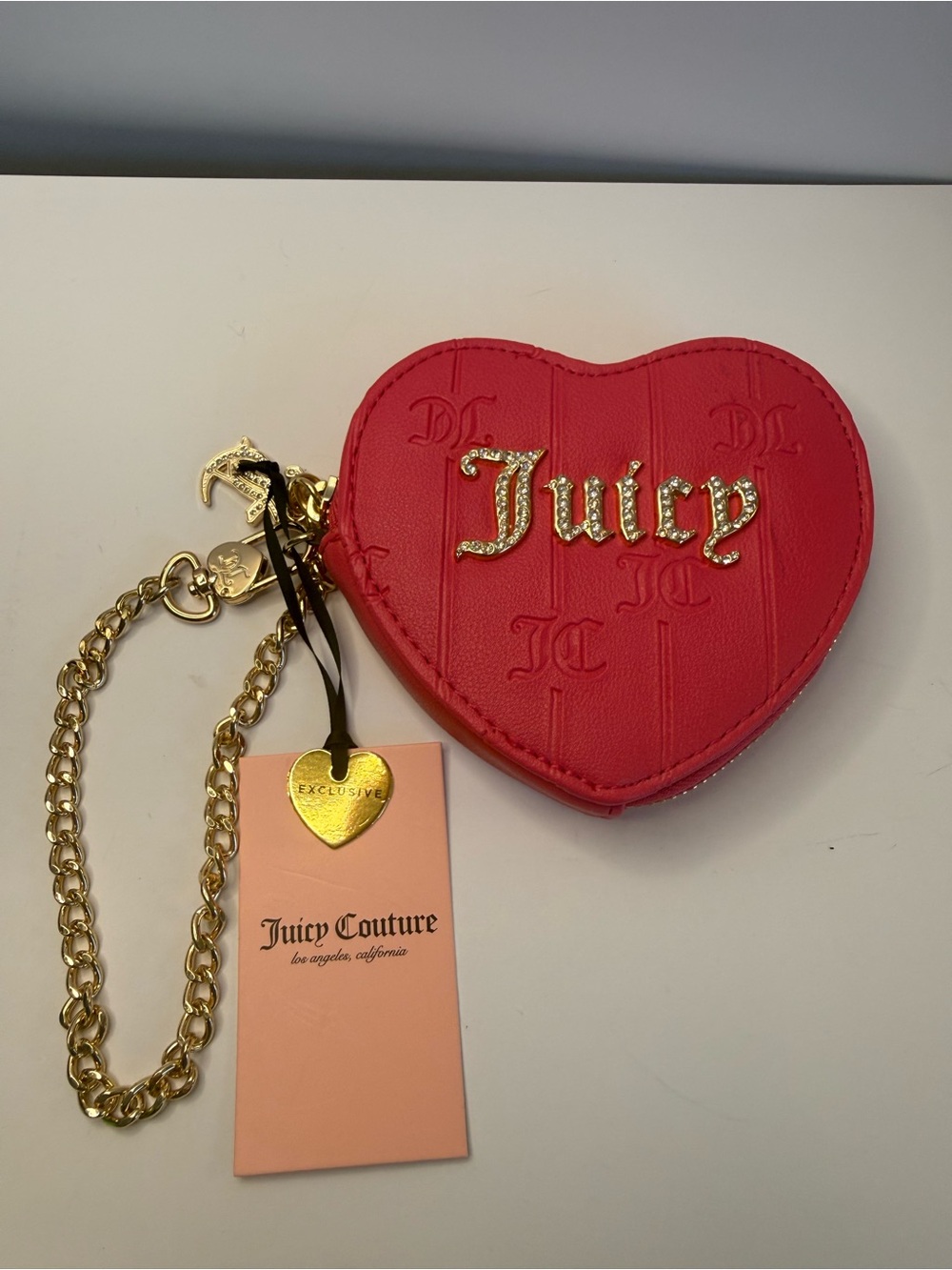 Juicy Couture Heart Coin Purse Pink Rhinestone Logo Keychain Wallet NWT